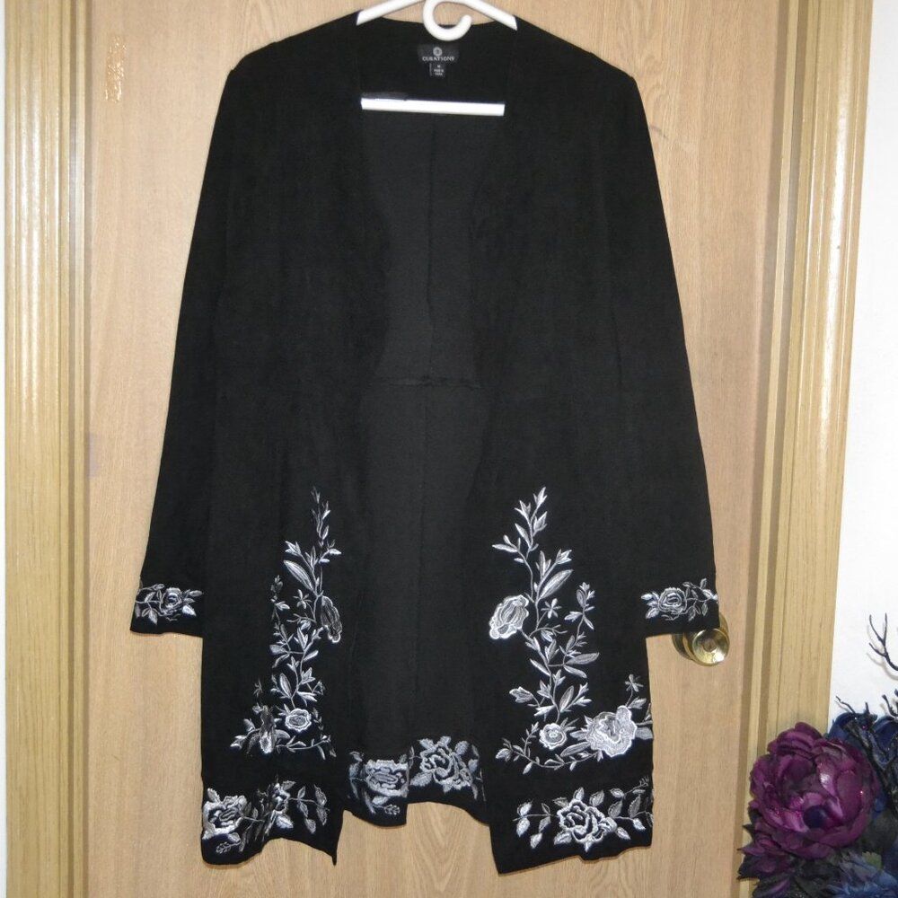 Curations Faux Suede Black Open Long Floral Embroidered Western Office Cardigan